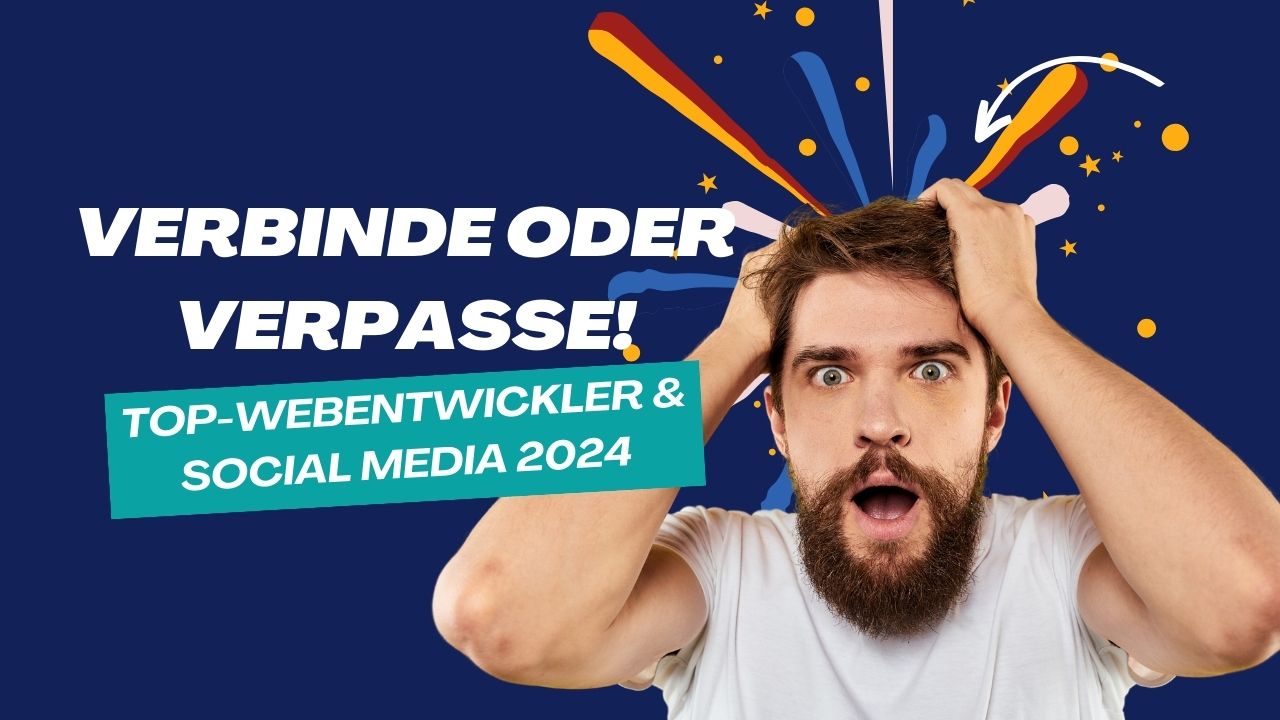 Das Bild zeigt eine kreative Werbegrafik mit einem schockierten Mann mittleren Alters, der mit beiden Händen an den Kopf fasst, als würde ihm gerade eine überraschende oder schockierende Information präsentiert. Der Hintergrund ist leuchtend blau, und der Text über dem Bild lautet "VERBINDE ODER VERPASSE!" in großen, weißen Buchstaben. Darunter steht in einem türkisfarbenen Banner "TOP-WEBENTWICKLER & SOCIAL MEDIA 2023". Farbenfrohe grafische Elemente wie Sterne und dynamische Linien scheinen vom Kopf des Mannes auszugehen, was den Eindruck von einer Explosion oder plötzlichen Erkenntnis vermittelt. Diese Darstellung ist wahrscheinlich darauf ausgelegt, die Dringlichkeit und Wichtigkeit des Angebots oder der Veranstaltung im Zusammenhang mit Webentwicklung und Social Media für das Jahr 2024 zu betonen.