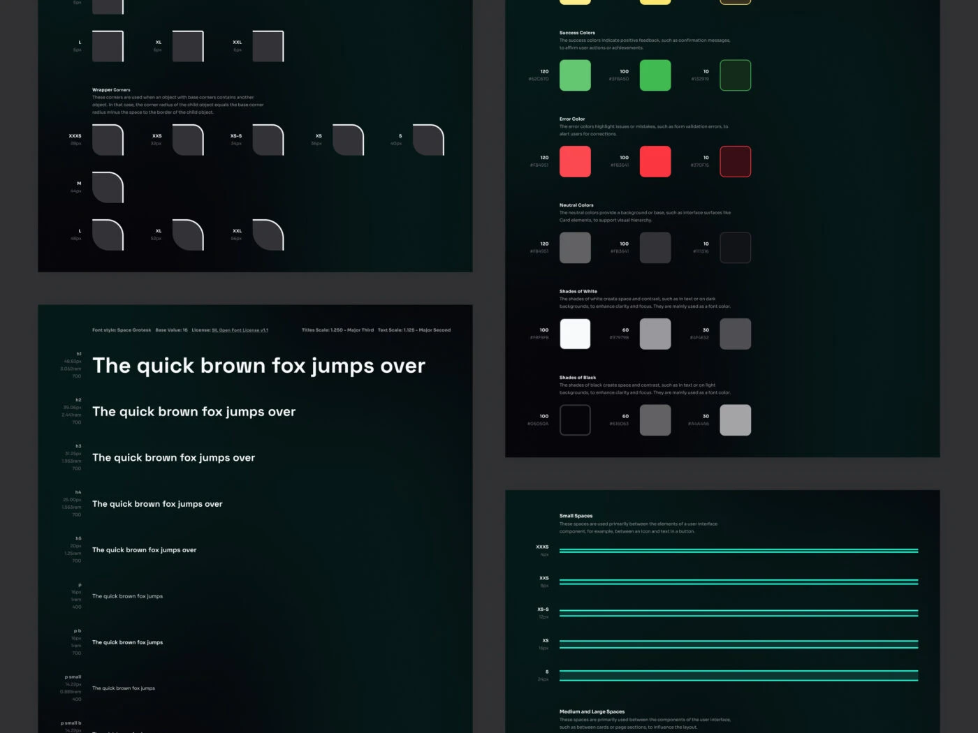 Das Bild zeigt die Elemente eines Designsystems für Celestical, darunter UI-Komponenten, Farbpaletten und Typografie-Optionen auf einem dunklen Hintergrund. Es umfasst verschiedene Formen mit abgerundeten Ecken, Farbschemata für Erfolg, Fehler und neutrale Zwecke sowie Schriftgrößen und Abstände für die Gestaltung einer Benutzeroberfläche.