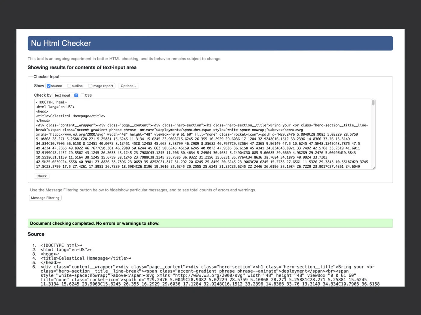 Das Bild zeigt einen Screenshot des Ergebnisses eines HTML-Checkers, der für den Inhalt eines Texteingabefelds ausgeführt wurde. Es zeigt, dass die Überprüfung abgeschlossen ist und keine Fehler oder Warnungen gefunden wurden. Darüber hinaus ist ein Ausschnitt des HTML-Codes sichtbar, der Teile eines Webseitentitels und Strukturdetails enthält.