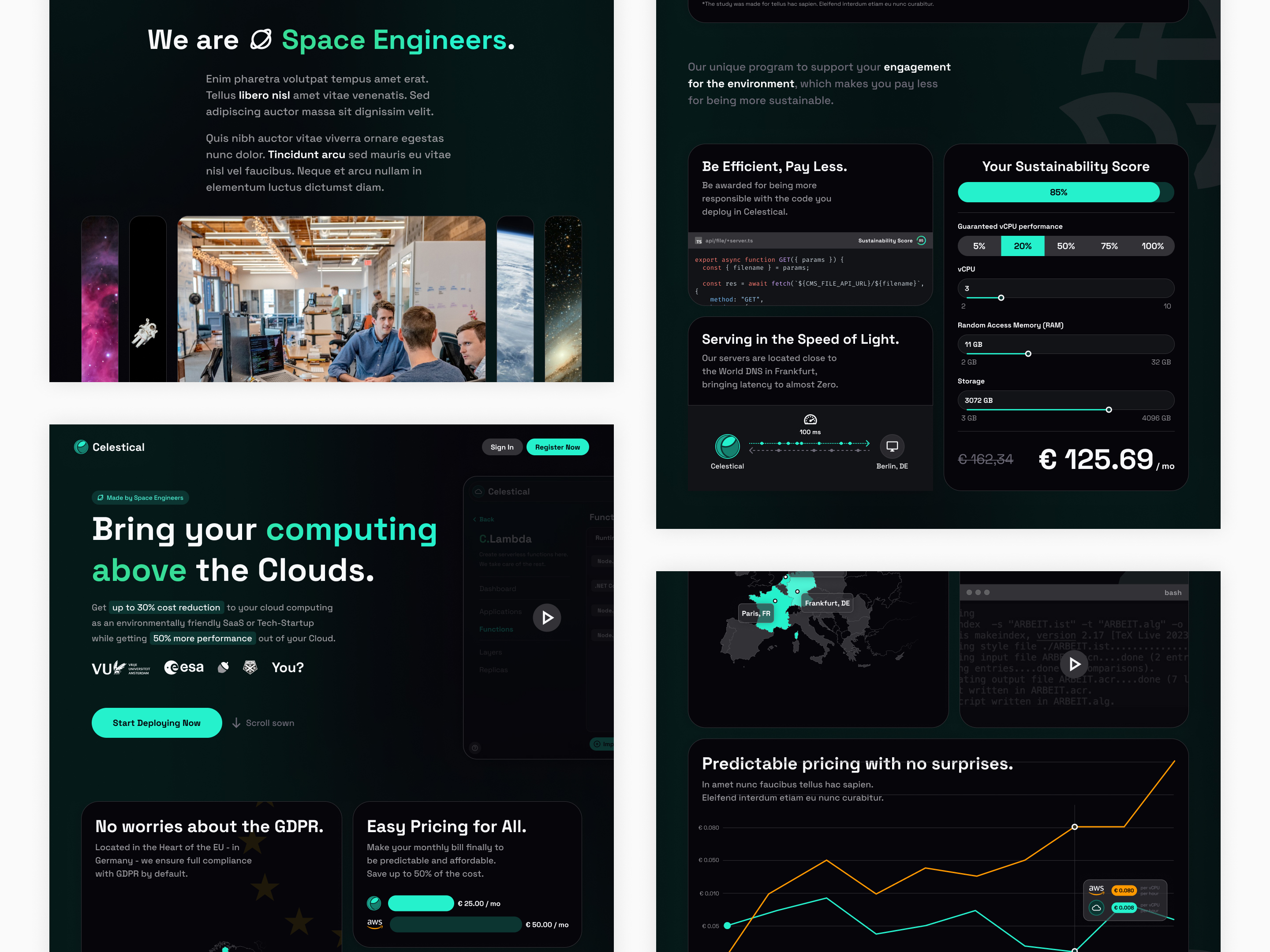 Mockup von Webseitenelementen für Celestical Homepage, inklusive Überschriften wie "We are Space Engineers." und "Bring your computing above the Clouds.", Nutzer-Testimonials, Preisinformationen und einen Anmeldebereich. Die Gestaltung betont dunkle Hintergründe mit farblichen Akzenten und interaktiven Elementen zur Preisberechnung und Dienstleistungspräsentation.