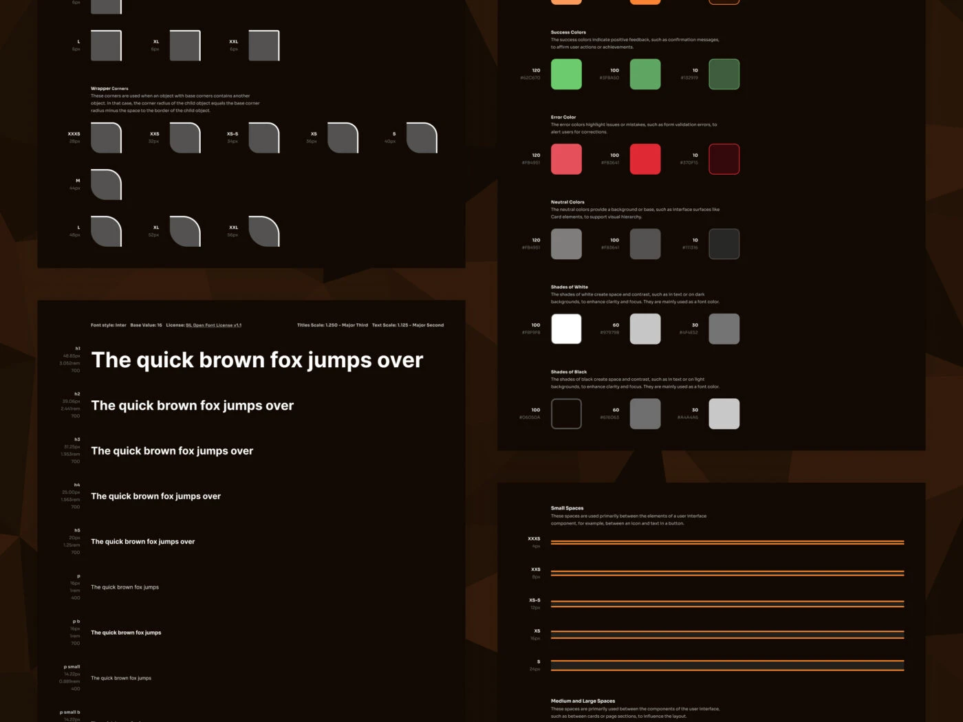 Das Bild stellt ein Designsystem dar, das auf einem dunklen Hintergrund verschiedene UI-Elemente, wie abgerundete Formen, eine Typografie-Skala und eine Farbpalette mit Erfolgs-, Fehler- und Neutraltonfarben sowie Schattierungen von Weiß und Schwarz zeigt. Zusätzlich sind Abstände und Platzierungen für UI-Komponenten visualisiert.