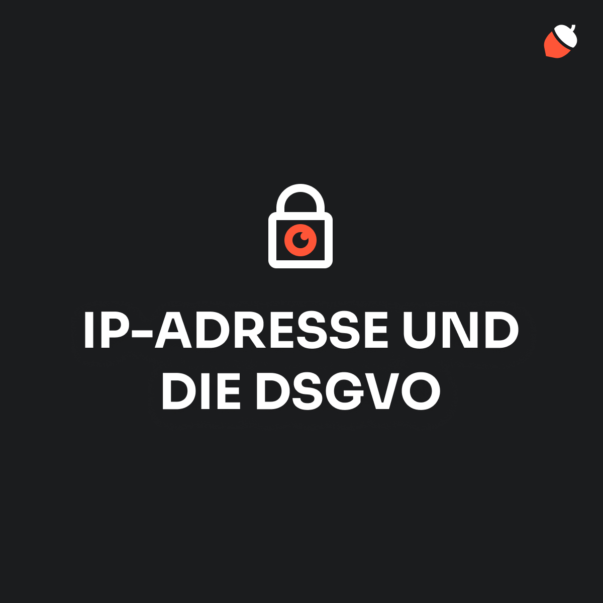 Minimalistisches Design mit einem schwarzen Hintergrund und einem zentralen weißen Schloss-Symbol, das ein rotes Auge in der Mitte hat. Unter dem Symbol steht in weißer Großbuchstabenschrift 'IP-ADRESSE UND DIE DSGVO'.