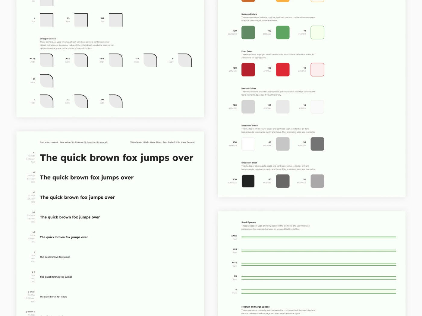 Das Bild zeigt eine Darstellung eines Designsystems, einschließlich einer Vielzahl von abgerundeten Formen, einer Farbpalette mit Akzent- und Fehlerfarben sowie Typografiebeispielen für verschiedene Schriftgrößen. Die Dokumentation ist auf einem sauberen weißen Hintergrund mit schwarzem Text für klare Lesbarkeit präsentiert.