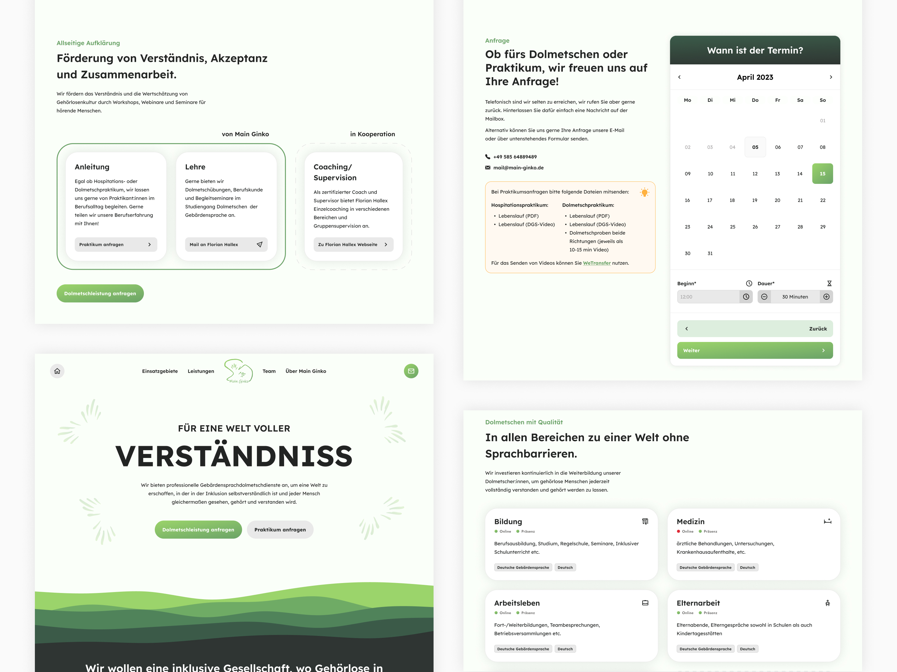 Mockup der Webseite von Main Ginko mit einem sauberen, modernen und freundlichen Design, das Dienstleistungen und Kontaktinformationen hervorhebt. Elemente umfassen Textfelder für Anleitung, Lehre und Beratung, eine große Überschrift "Für eine Welt barrierefreier KOMMUNIKATION", sowie Kalender- und Kartendarstellungen für Termine und Standortinformationen.