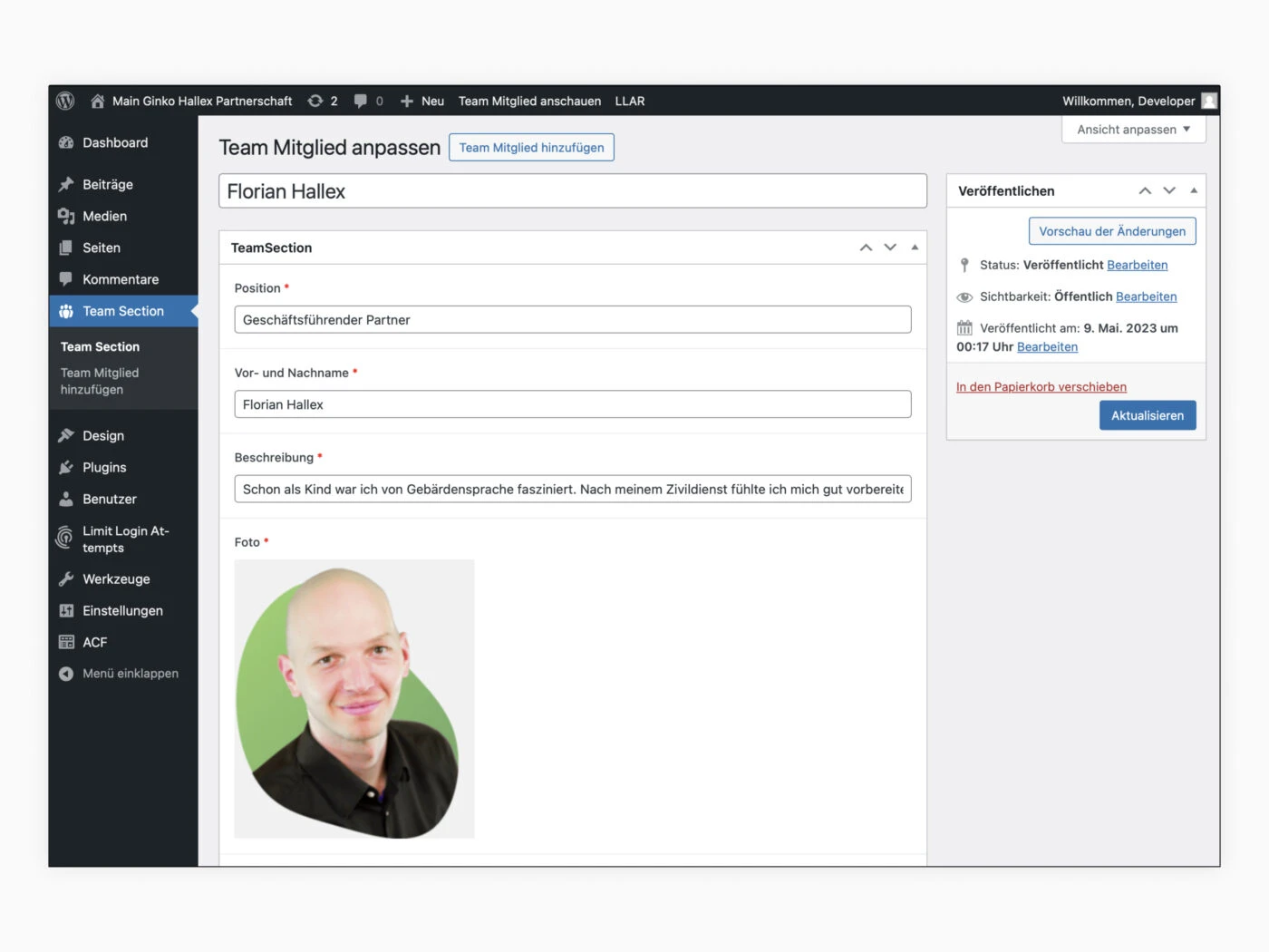 Das Bild zeigt einen Screenshot des WordPress-Backends von Main Ginko. Dort wird die Profilseite eines Teammitglieds bearbeitet, konkret des geschäftsführenden Partners Florian Hallex. Man sieht Felder zur Eingabe von Position, Name, Beschreibung und ein Foto des Teammitglieds sowie eine Seitenspalte mit Veröffentlichungsoptionen.