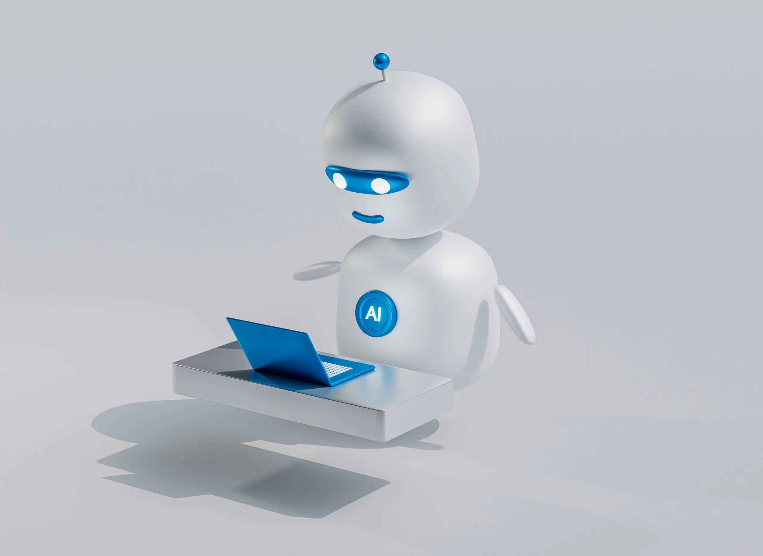 Das Bild zeigt einen stilisierten weißen Roboter, der als metaphorische Darstellung künstlicher Intelligenz dient. Der Roboter sitzt vor einem blauen Laptop auf einer silbernen Plattform und tippt darauf. Er hat ein glattes, abgerundetes Design mit blauen Augen und einem blauen "AI"-Logo auf seiner Brust. Seine Hände und Arme sind sichtbar beweglich gestaltet, was darauf hindeutet, dass er interaktiv ist. Die Szene wird von einem schlichten, grauen Hintergrund umrahmt, der das moderne und minimalistische Design betont. Der Schatten des Roboters auf der Plattform verleiht dem Bild Tiefe und macht die Szene lebendiger. Das Bild kann als Symbol für die fortschrittliche Technologie und Automatisierung durch künstliche Intelligenz interpretiert werden.