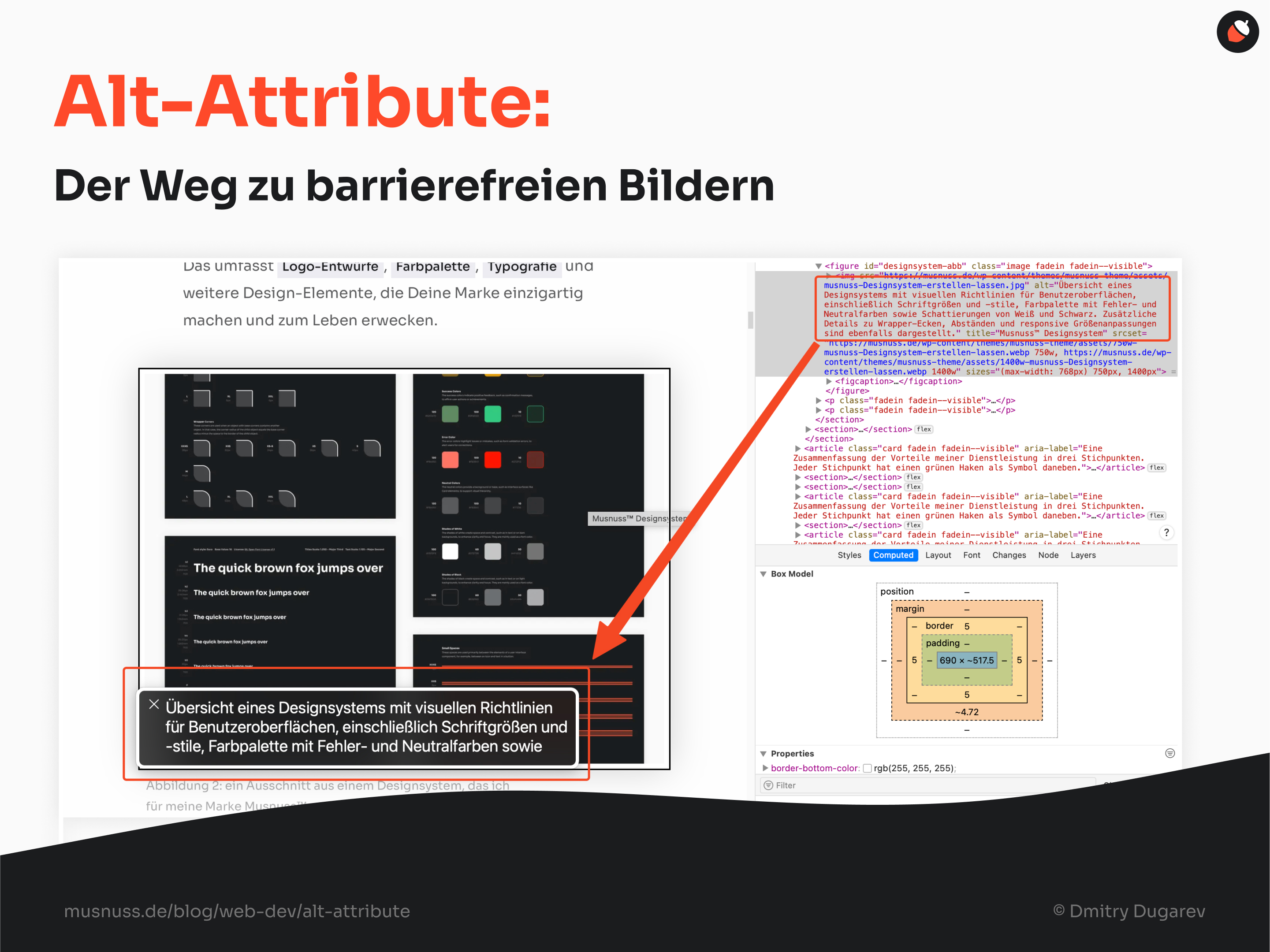 Das Bild zeigt eine Infografik mit dem Titel "Alt-Attribute: Der Weg zu barrierefreien Bildern". Es illustriert die Bedeutung von Alt-Attributen zur Barrierefreiheit in Webdesign. Links ist ein Screenshot eines Designsystems mit visuellen Richtlinien für Benutzeroberflächen, einschließlich Schriftgrößen und -stile sowie Farbpaletten zu sehen. Rechts daneben befindet sich ein HTML-Codeausschnitt mit hervorgehobenen Alt-Attributen, die die Bildbeschreibung wiedergeben. Eine orangefarbene Pfeilmarkierung verbindet die Bildbeschreibung mit dem entsprechenden HTML-Code.