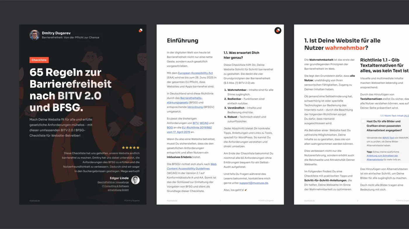 Bild mit 3 Seiten aus der BFSG-Checkliste: Titelblatt, Einführung und Kapitel 4