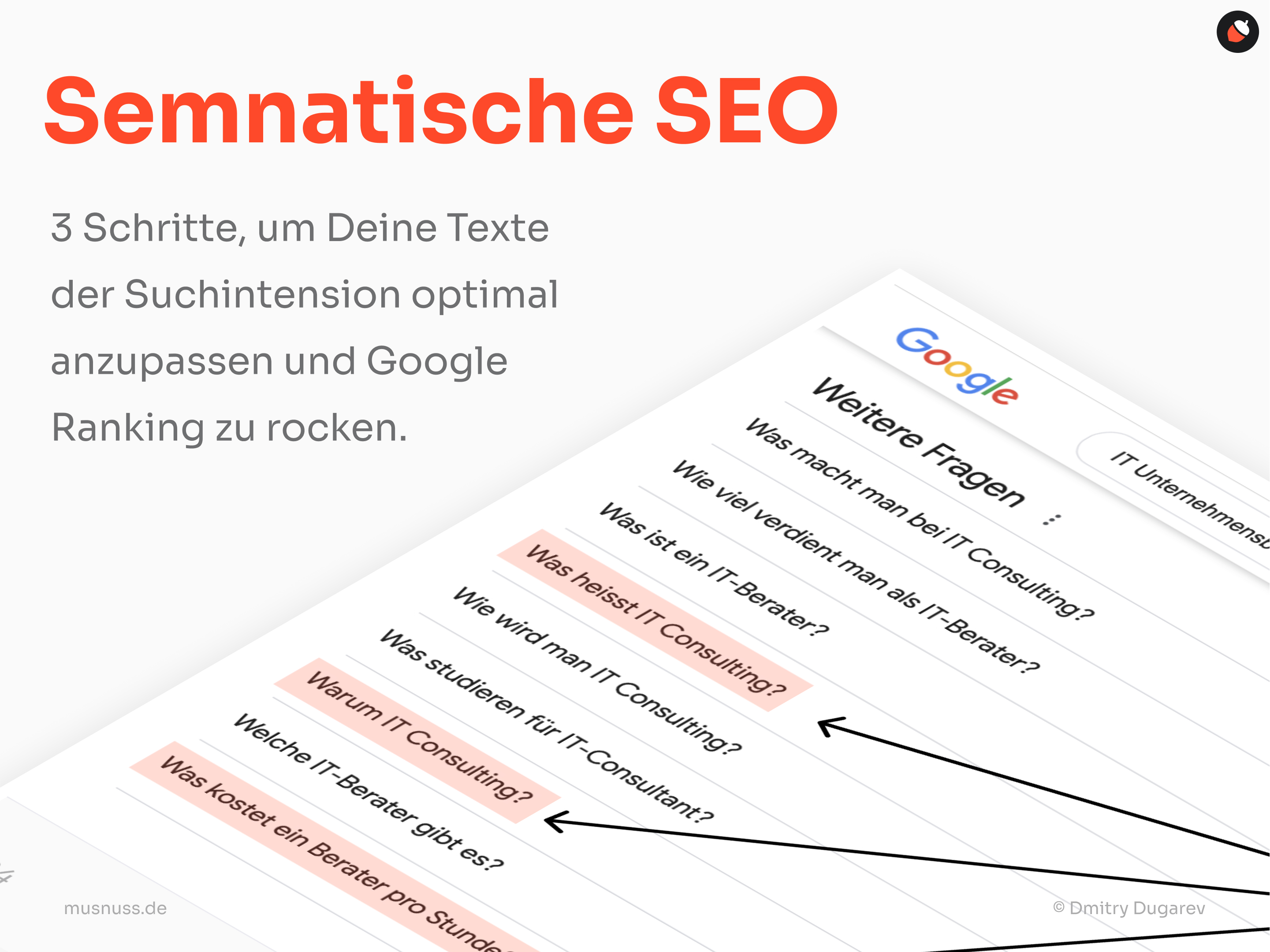 Das Bild trägt den Titel "Semantische SEO" und enthält den Untertitel: "3 Schritte, um Deine Texte der Suchintention optimal anzupassen und Google Ranking zu rocken." Rechts im Bild ist ein Ausschnitt der Google-Suchergebnisse mit der PPA-Sektion (People Also Ask) zu sehen, die Fragen wie "Was heißt IT Consulting?", "Warum IT Consulting?" und "Was kostet ein Berater pro Stunde?" enthält. Die Fragen sind hervorgehoben und mit Pfeilen verbunden, um die Relevanz für die Suchintention zu betonen.
